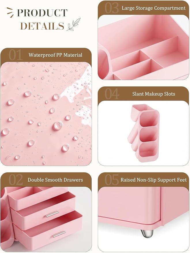 Pink Makeup Organizer with Drawer for Bathroom Countertop Dresser Desk | Large Capacity Make up Organizers for Vanity Counter, Easy To Storage Skincare, Perfume, Brushes, Psticks, Eyeshadow,Palettes