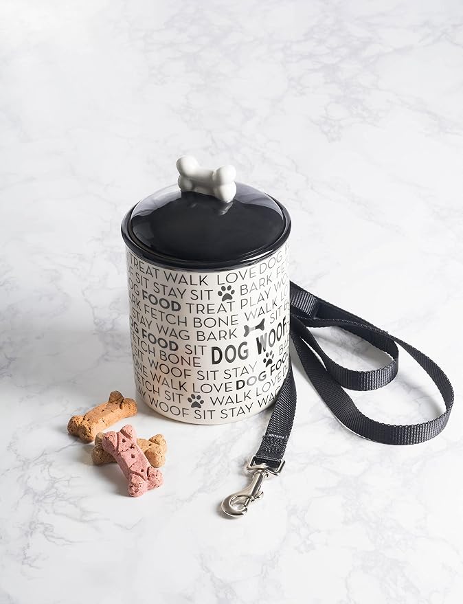Bone Dry Dog Bone Ceramic Pet Bowl & Canister, Canister, 5.5x5.5x8.25, Black/White