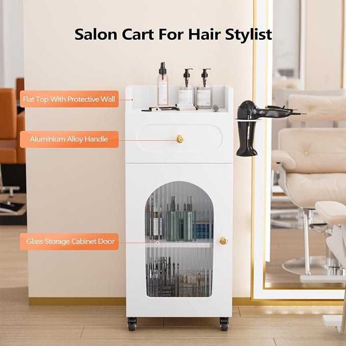 Salon Cart with Wheels, 3 Tier Rolling Beauty Trolley for Hair Stylist, Barber, Esthetician, Storage Cabinet w/Glass Door & Dryer Holder & Adjustable Shelf, Mobile Station for Spa,Tattoo (White)
