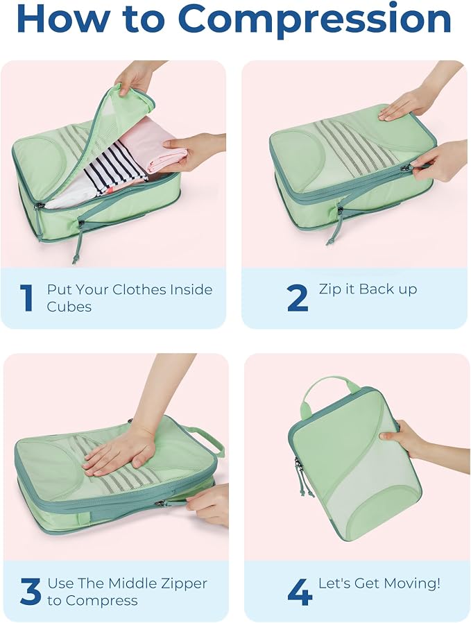 Bagsmart Compression Packing Cubes, Travel Bag Cruise Ship Essentials | Lightweight, Compressible Suitcase Organizer Set fit Standard Carry-On & Checked Luggage, 6 Set, 14 Set Washable Packing Bags