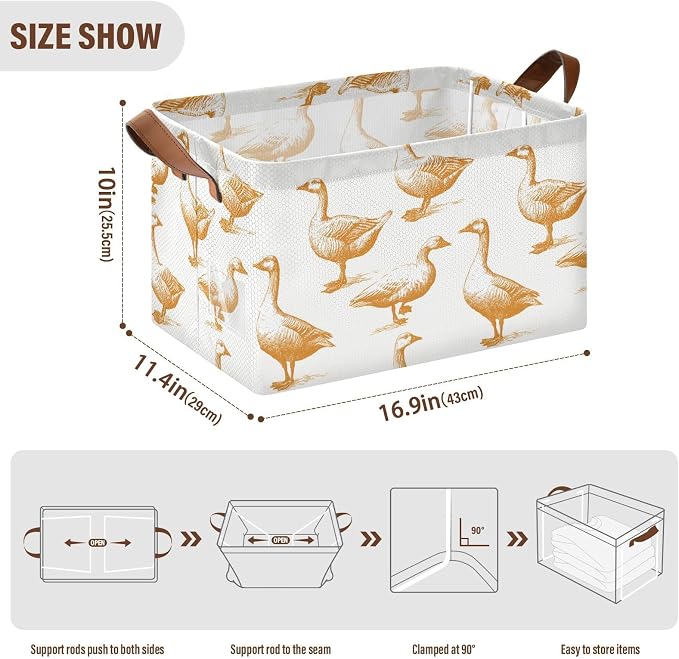 Hand Drawn Retro Goose and Duck Storage Basket Foldable Cube Storage Bins with Handles&Label Waterproof Organizer Box Bin Large Rectangle Decorative Baskets for Shelves Home Room Laundry-2 Pack