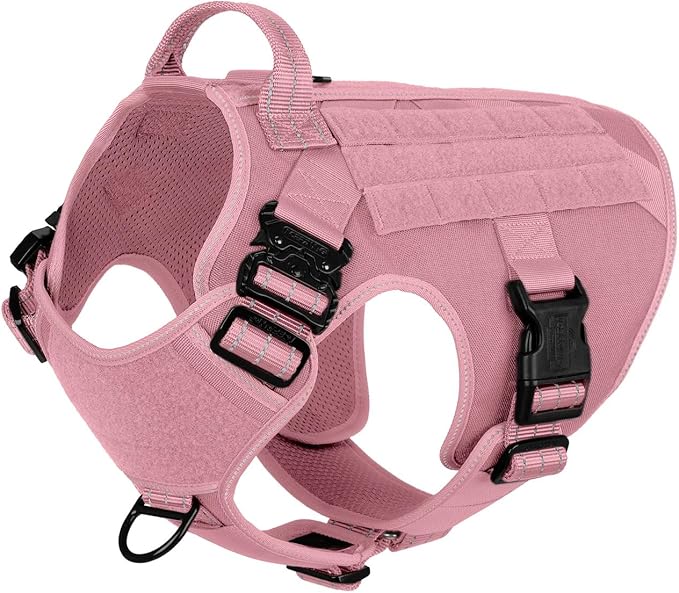 ICEFANG Tactical Dog Harness,for X-Large Dogs,Reflective No Pull Dog Vest | with Control Handle, Adjustable,Front Hook,2 Leash Clips,No Choke,Soft Padded,MOLLE Panel,Pink,X-Large
