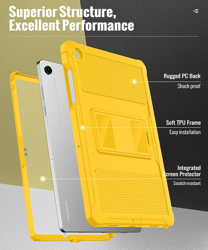 MoKo Shockproof Case Fit Samsung Galaxy Tab A11+ Plus/ A9+ 11 Inch | Full Body Rugged Stand Back Cover with Built-in Screen Protector for Galaxy Tab A11+/ A9+ Tablet, Yellow