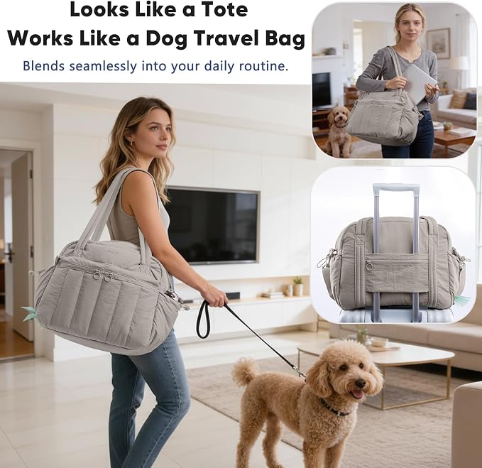 Dog Travel Bag for Supplies, Airline Approved Pet Travel Organizer with 2 Food Containers & Collapsible Bowls, Large Capacity Dogs Tote Bag for Weekend, Stylish Dog Mom Gift for Pet Lovers