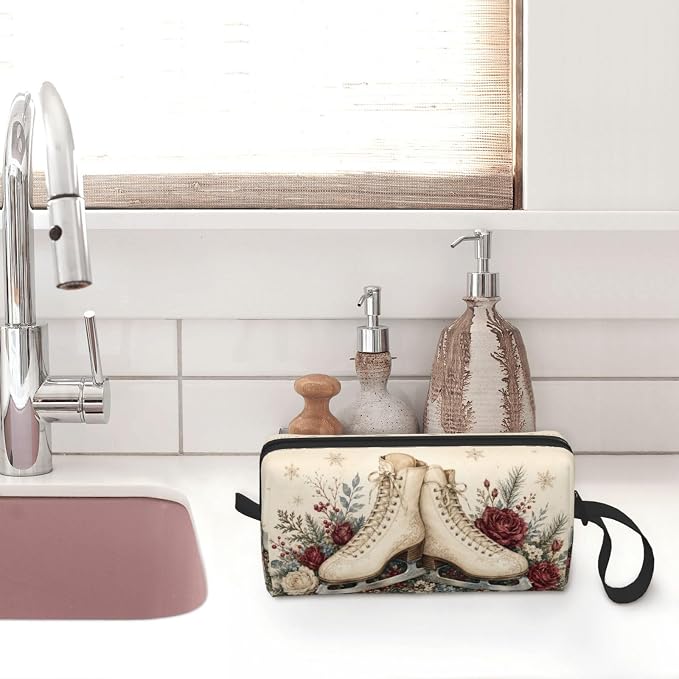 Ice Skate Small Makeup Bag, 600D Oxford Cosmetic Pouch for Women | Ice Skate Cosmetic Bag, Double-Sided Printed Toiletry Pouch with Foam Padding for Women, Travel, Gym, Weekend and Daily Use