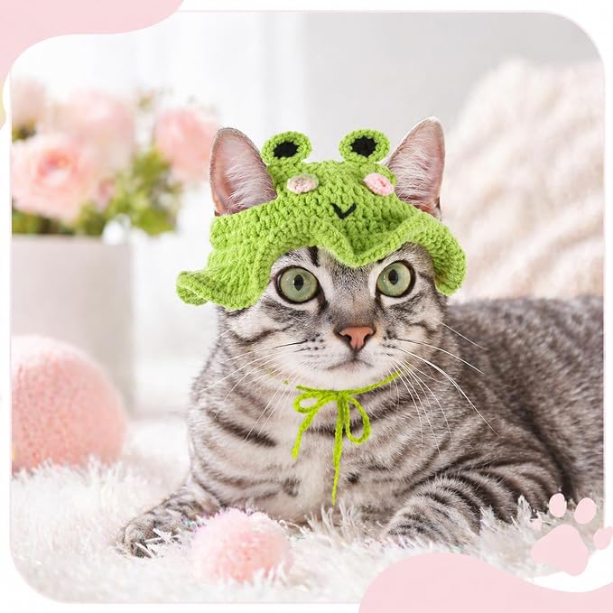 2Pcs Crochet Cat Hats Knit Cat Hat Strawberry and Frog Hat (Red, Green) | Cute Knit Cat, Soft, With adjustable cord, Handmade Crochet Cats Clothes, for Puppy Kitten, Christmas Party Costume Accessory