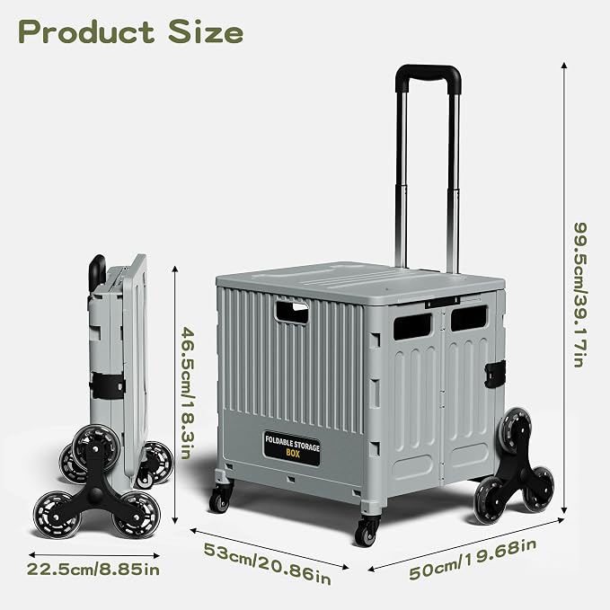 Stairs Climbing Shopping Cart, with 360° Swivel Wheels, Collapsible Wheeled Crate with Lid, Swivel and Glide Rolling Crate with Handle for Easy Transport and Versatile Use-Gray