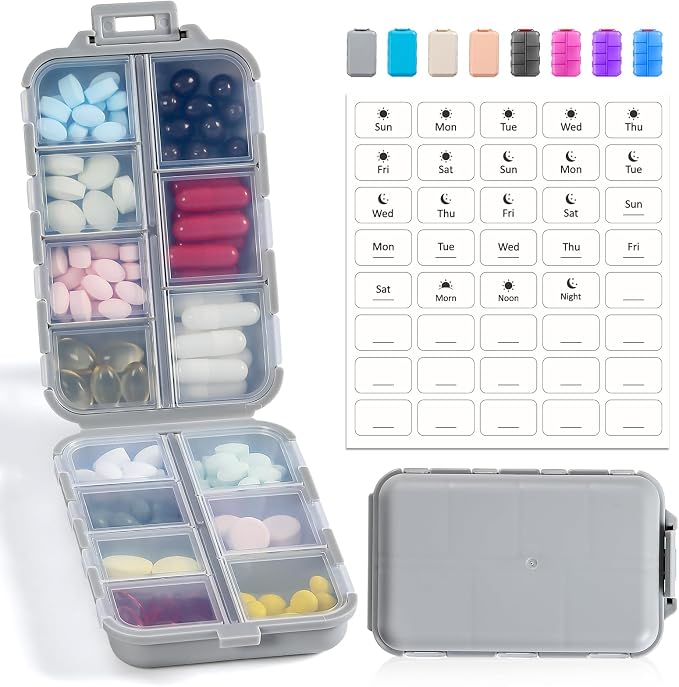 14 GRIDS Travel Pill Organizer Box with Labels - Travel Medicine Case Kit - Pocket Daily Pharmacy Container - Travel Medication Holder Dispenser for Fish Oil Vitamin Supplement Storage - Grey