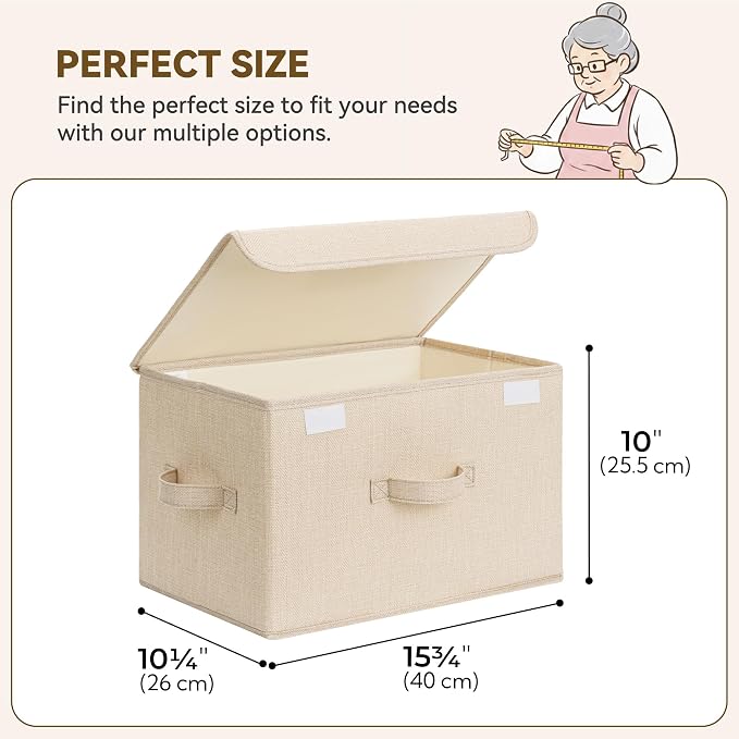 GRANNY SAYS Memory Keepsake Storage Box, Fabric Storage Bins with Lids | Flip-Top Lid, Collapsible, Stackable, 3 Handles, Ideal for Closet Clothes Blanket Toys, Large, Ivory White&Khaki, 2-Pack