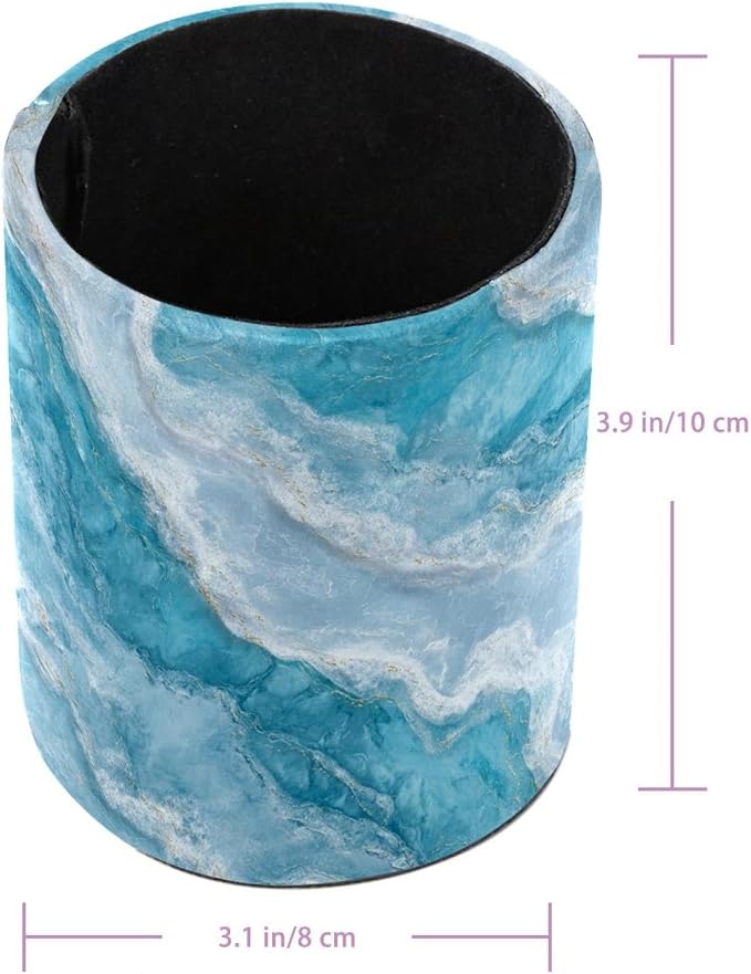 Faux Leather Pen Holder for Desk, Pencil Organizer Blue Marble Texture Pen Cup Desk Decor Makeup Brush Holder Storage for Office Home