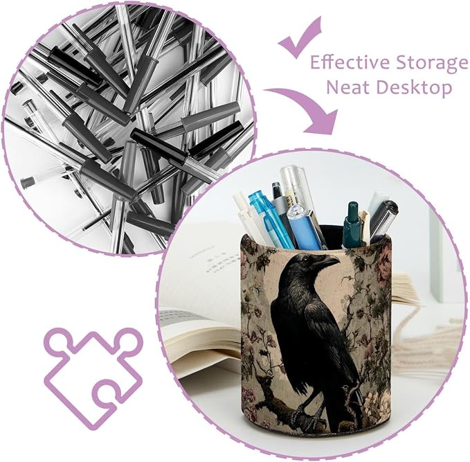 Faux Leather Pen Holder for Desk, Pencil Organizer Crow Pen Cup Desk Decor Makeup Brush Holder Storage for Office Home