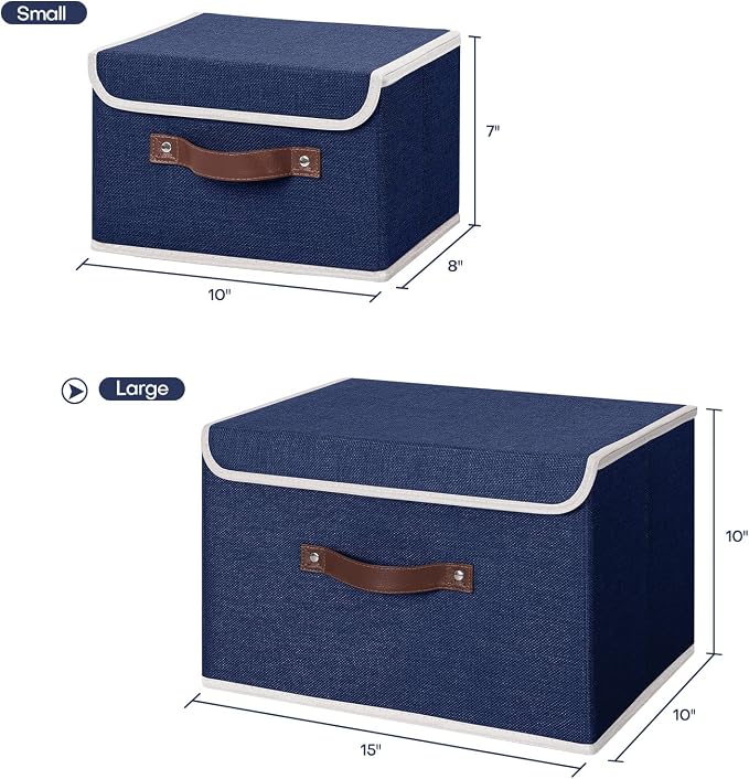ANMINY Fabric Storage Box Bins with Lids, Blue, 15"x10"x10" | Keepsake Memory Storage, Cotton Linen, PP Board Reinforced, Washable, PU Handles, Foldable & Stackable, Decorative, Large