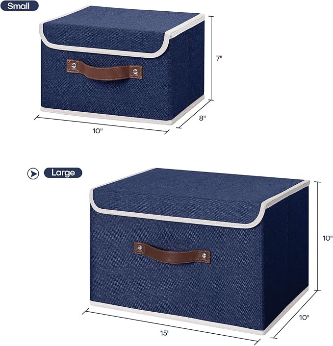 ANMINY Fabric Storage Box Bins with Lids, Blue, 15"x10"x10", 2 Pack | Keepsake Memory Storage, Cotton Linen, PP Board Reinforced, Washable, PU Handles, Foldable & Stackable, Decorative, Large