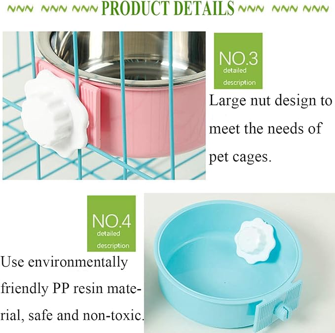 kathson Crate Dog Bowl, Removable Stainless Steel Hanging Pet Cage Bowl Food & Water Feeder Coop Cup for Cat, Puppy, Birds, Rats, Guinea Pigs (6 PCS, Size: M, 2×Blue,2×Green,2×Pink) (Pack of 2)