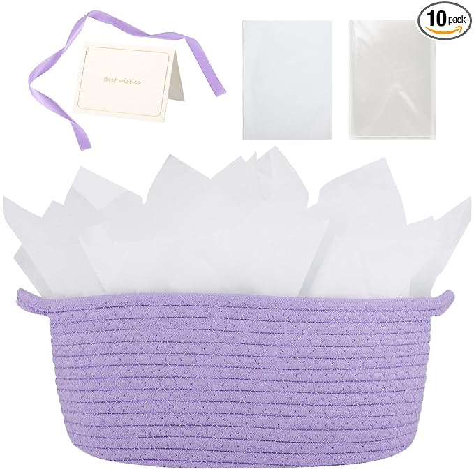 woric Small Gift Baskets for Women Girl Birthday Woven Storage Baskets | Purple Basket for Gifts Empty Baby Shower Nursery Toys Blanket Bathroom (12"X 8" X 5" with Gift Bag Card Ribbon Tissue Paper)