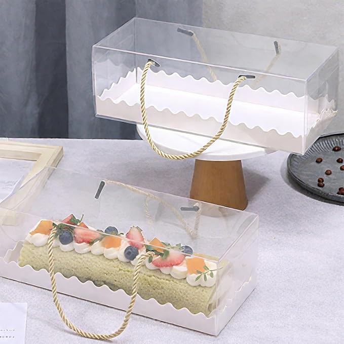 Okllen 20 Pack Clear Roll Cake Boxes with Portable Handles, 10.8" Lx4.3 Wx3.8 H Rectangle Bakery Cake Boxes, Pumpkin Swiss Roll Containers for Birthday Wedding