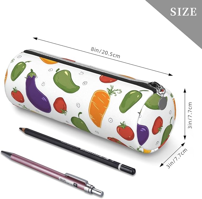OSAM SPACE Leather Pencil Case Round Pencil Bag Colorful Vegetables Pen Organizer Holder Portable Zipper Pouch Cute School Supplies for Girls Boys Study Office