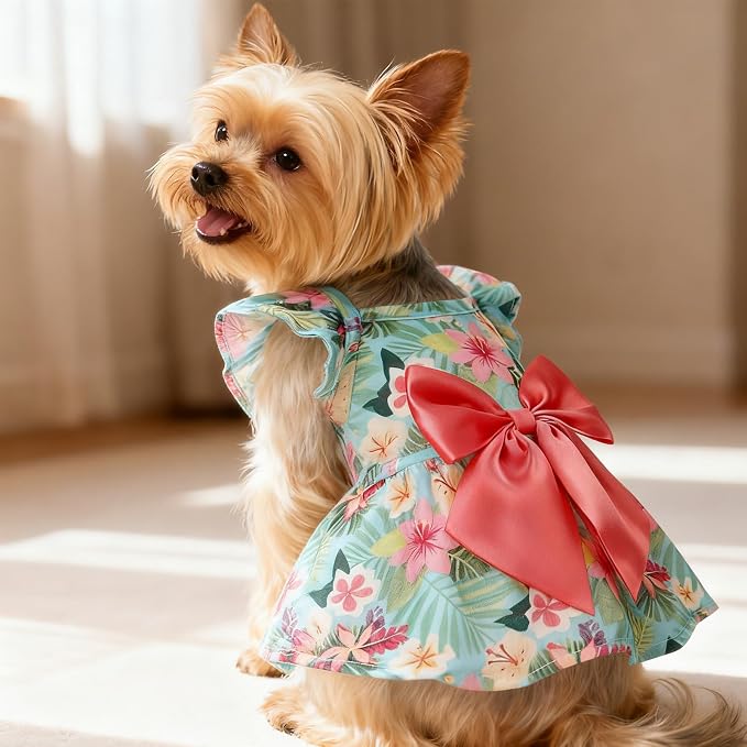 Dog Dress with Sleeve Ruffles, Floral Pet Dresses with Bow Tie for Small Meduim Dogs Puppy Cats Girl, Cute Princess Dog Dresses Skirt Clothes Outfits for Spring Summer, Green S