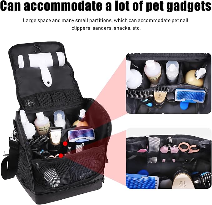 Dog&Cat Grooming Supplies Bag,Adjustable Compartments Grooming Bag for Pet | Wall Mounted Dog Grooming Bag/Cat Grooming Bag for Dog Clippers/Wipes/Hair Remover/Nail Trimmer/Brush/Comb/Shampoo
