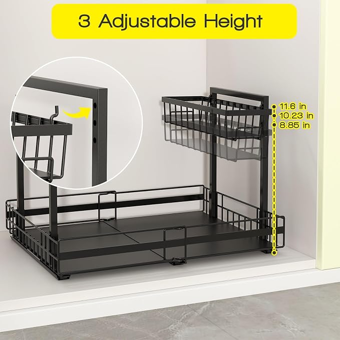 NADAMOO Expandable Under Sink Organizer, 2-Tier Pull Out Cabinet Organizer | Expandable Width, 3-Level Height Adjustment, Metal Storage Rack with 3 Slide Rails for Kitchen Bathroom Laundry, Black