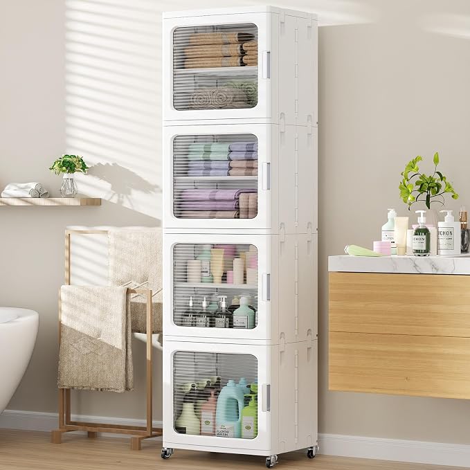 BROVIEW 4-Tier Tall Narrow Storage Cabinet 14.6” Wide, Slim Bathroom Cabinets with Adjustable Shelves and Doors, Plastic Kitchen Pantry Organizers and Storages for Small Space, Laundry, White
