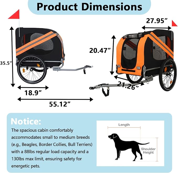 Large Dog Bike Trailer with 18.9" Wheels - 120LB Capacity Dog Trailer for Bike, Foldable Pet Bike Trailer for All-Terrain Cycling, Jogging & Camping