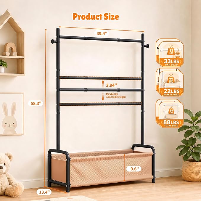 Kids Clothes Rack with Double Rod Height Adjustable Clothing Rack Black | Storage Basket & Hooks, Height Adjustable Kids Clothes Rack, Portable Baby Dress Up Garment Rack for Princess Dresses