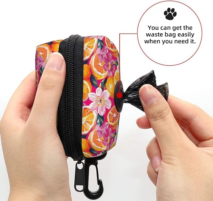 Citrus Orange Slices Flowers Pet Waste Bag Dispenser 0.2L | Portable Dog Poop Holder Waste Bag With Zipper Park Doggy Walking Accessory