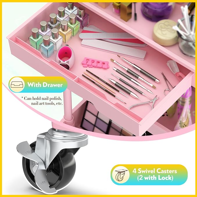 SUNALLY Makeup Cart Organizer with Drawer, 4 Tier Rolling Makeup Cart, Pink | Rolling Vanity Storage for Skin Care Perfume Nail Polish, Floor Skincare Organizers Cosmetics Display Bathroom Storage Cart