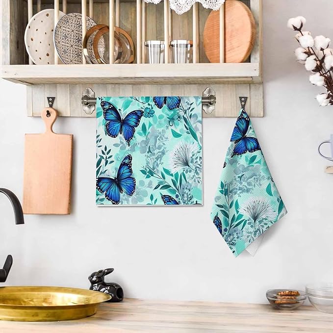 Blue Floral Butterflies Waffle Kitchen Dish Cloths Beautiful Butterfly Green Flowers Ultra Soft Absorbent Quick Drying Dish Towels 16 X 24 Inches Set of 2