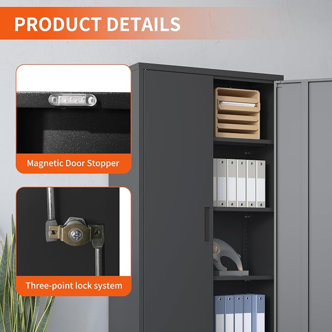 Metal Storage Cabinet for Garage, Tool Cabinet, Utility Cabinet | Tall Tool Cabinet, Lockable, 2 Doors, 4 Adjustable Shelves, Assembly Required, Black