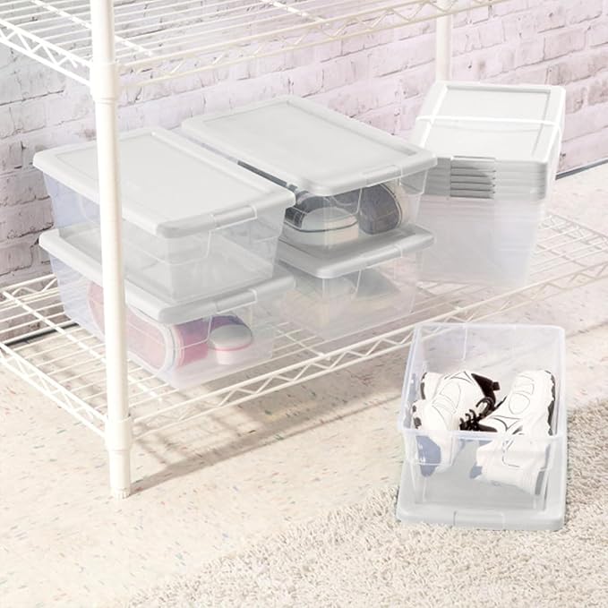 Sterilite 6 Quart Storage Box, Clear Plastic with White Snap Lid, 12 Pack