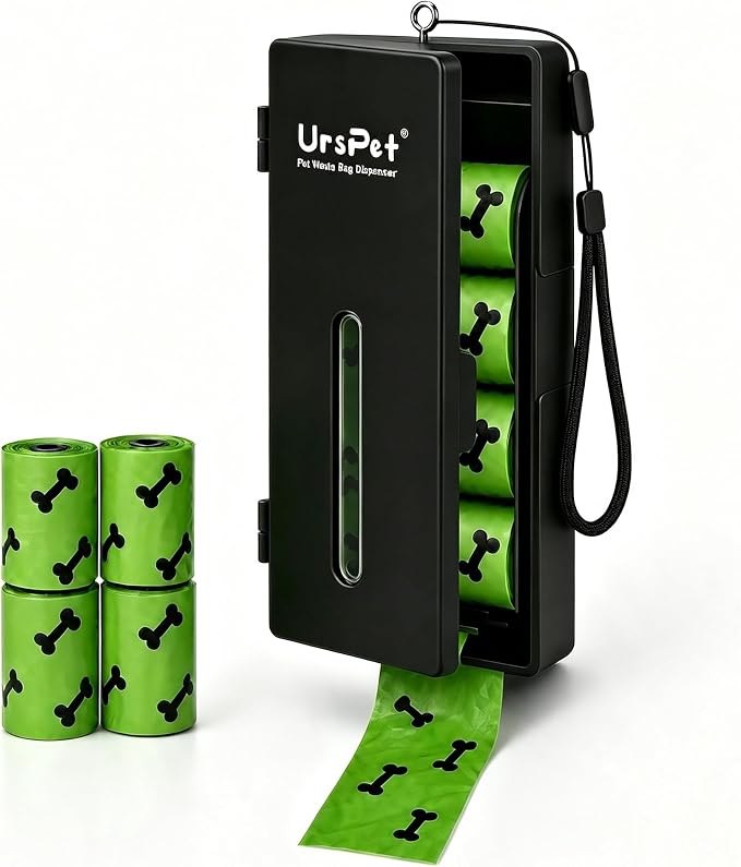 URSPET Dog Poop Bag Dispenser with 4 Rolls, Wall Mount Pet Waste Holder | Stick-On or Screw-On, Viewing Window, Easy Bag Pull, Flip-Top Refill, 60 Bags Included, Indoor and Outdoor Use