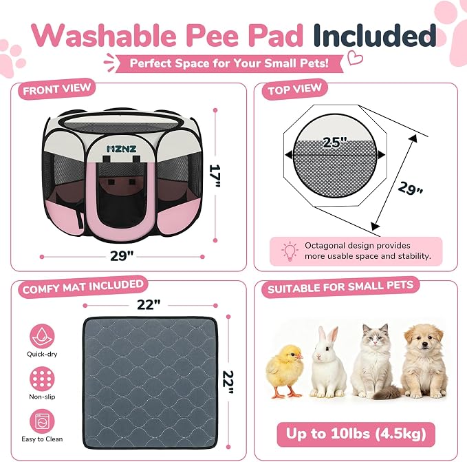 Dog Cat Small Animal Puppy Playpen Crate with Pee Pad, Small, Pink | Portable Pop Up Pet Cage Enclosure Tent Kennel Indoor Outdoor with Carrying Case, No Assembly, Camping Use