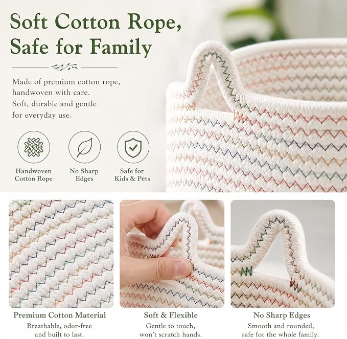 Small Woven Baskets | Mini Storage Bins | Cotton Rope Baby Nursery Organizers | Cute Round Cat Ears Basket for Organizing Desk Decor Kids Toy Dog Cat Baby Girls Gift-Set of 3 (White mixed Colors)