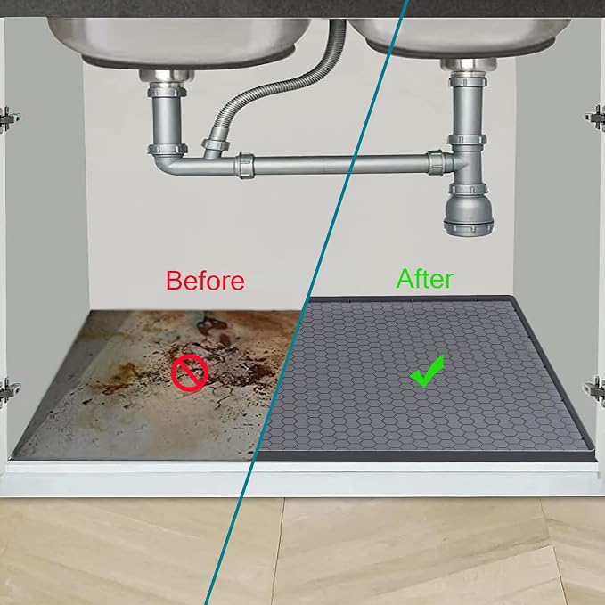 Under Sink Mat 22 x 22, Silicone Under Sink Liner for Kitchen Waterproof Bathroom Cabinet Mat, Grey