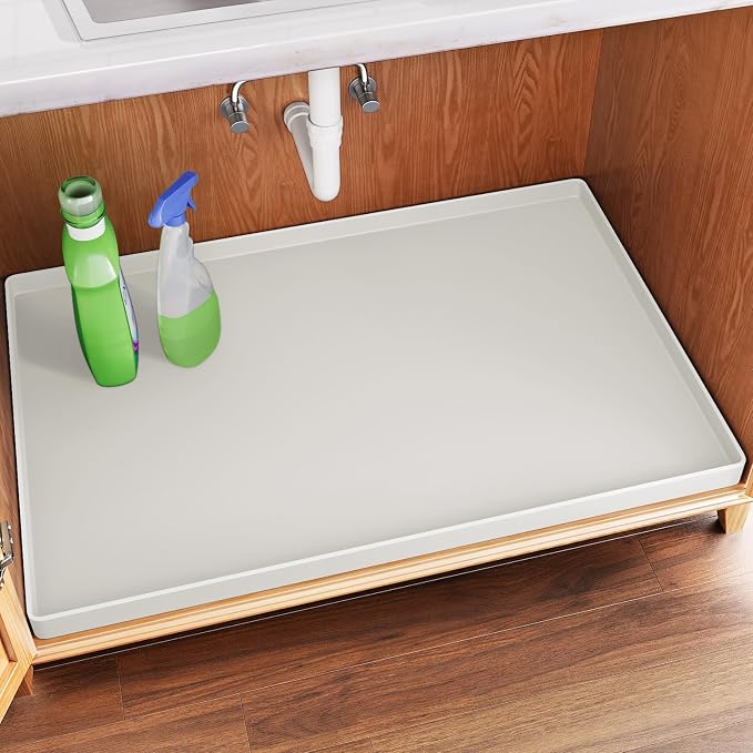 FLATO Waterproof Under Sink Mat, 28" x 22", White | Shelf Liner for Kitchen and Bathroom, Cabinet Protector, Organizers and Storage, Flexible Silicone Drip Tray