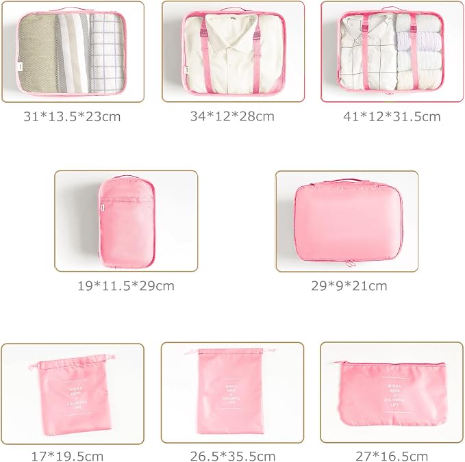 LANSKLBD 6/8 Set Packing Cubes for Suitcases Travel Luggage Packing Organizers,Travel Accessories Essentials Luggage Organizer with Shoe/Tioletry/Laundry Bag (Pink, 8 set)