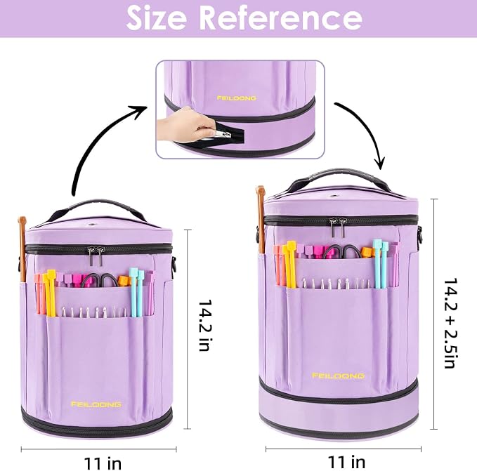 FEILOONG Yarn Bag Organizer, Expandable Crochet Knitting Storage, Purple | Large Capacity, Portable with shoulder strap, Durable Fabric, Multiple Pockets, Expandable, Come with Accessories Case