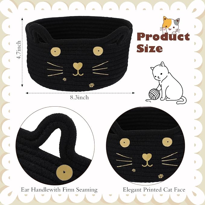 Zopeal Cat Storage Basket Woven Organizer with Ears Decorative Gift Cute Cotton Rope Pet Toy Basket for Gift Cat Dog Toy Bin Nursery Room(8.3 x 4.7 Inch,Black)