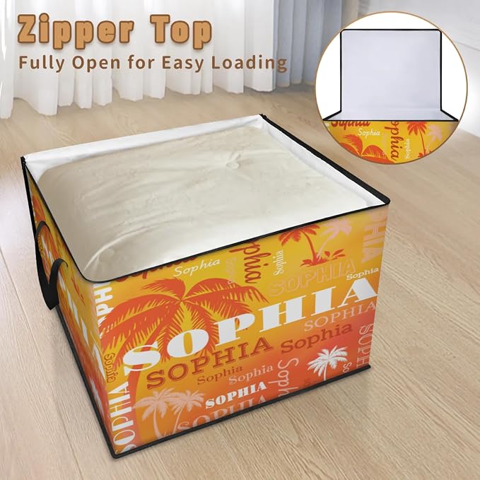 Custom Name Large Clothes Storage Organization with Lids, Shelf Basket, Bedding Clothes Towel Storage Bin for Nursery, Gift Basket, Pet Basket, Dark Orange Tropical Palm Trees Gradient Yellow Orange
