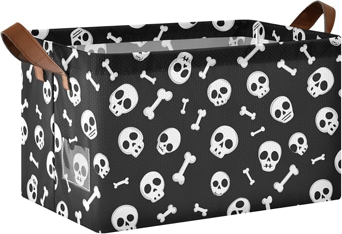 Black and White Skulls and Bones Storage Basket Foldable Cube Storage Bins with Handles&Label Waterproof Collapsible Organizer Box Bin Large Rectangle Decorative Baskets for Shelves Home Room Laundry