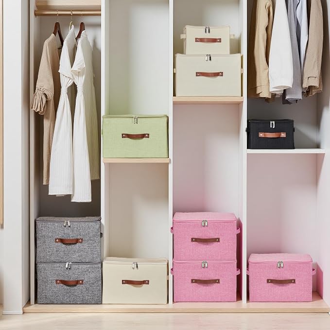 Storage Bins with Zipper Lids Decorative Lidded Baskets Boxes | Clothes Container, Closet Shelf Organizer, Foldable Washable, Cotton Linen Fabric, w/ PU Leather Handles, Pink, Large