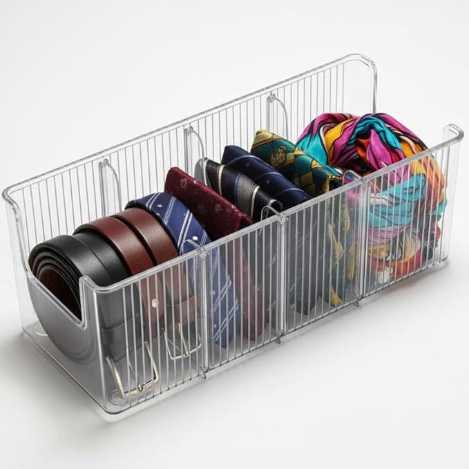 Belt Organizer Storage Bin Holder Case With Adjustable Dividers PET Container For Belts Ties Watches Jewelry Stackable Transparent Display For closet