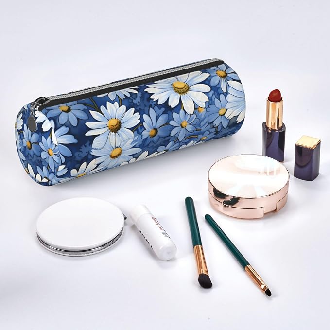 OSAM SPACE Leather Pencil Case Round Pencil Bag Daisy Blue Pen Organizer Holder Portable Zipper Pouch Cute School Supplies for Girls Boys Study Office