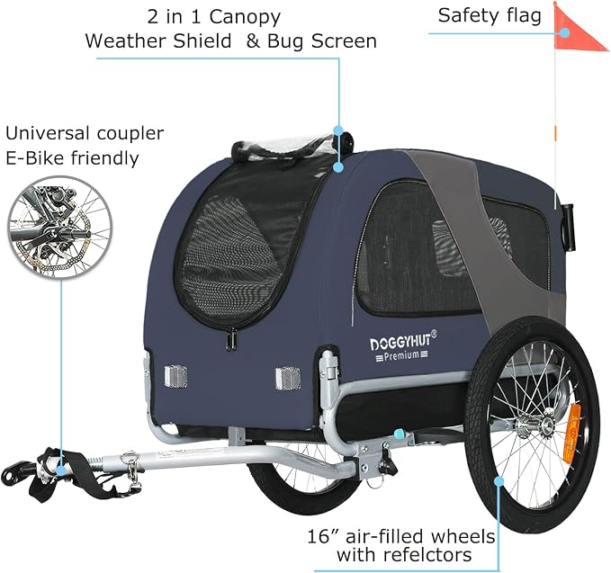 DOGGYHUT® Premium Medium Pet Bike Trailer & Stroller Up to 50 lbs (Blue) | Bicycle Trailer for Small or Medium Dogs, Dog Bicycle Carrier, Low Center of Gravity, Folding Frame Cart