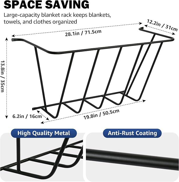 Extra-Large Black Metal Wall Mount Rack for Blankets & Towels | Sturdy black metal wall mount rack, 29.5"x21.7"x13.8", holds a lot. Space-saving. Rust-proof, waterproof, safe rounded edges.