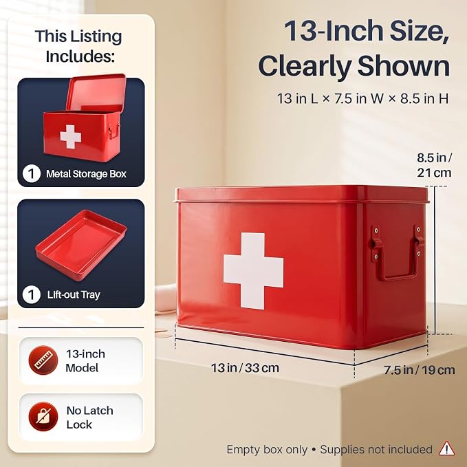 Flexzion Large Metal First Aid Box Empty, 13-Inch, Red with White Cross | Vintage Medicine Box and First Aid Storage Organizer with Removable Tray and Dividers; Empty Box Only, Supplies Not Included