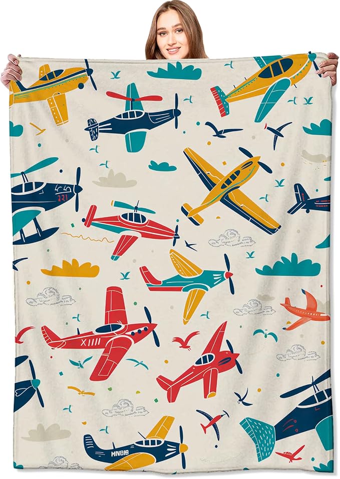Airplane Blanket Aviation Adventure Colorful Planes and Clouds Throw Blankets Gifts for Kids Boys Lightweight Soft Fleece Cozy for Sofa Couch Bed Room Travel Birthday Party Decor 40x50in
