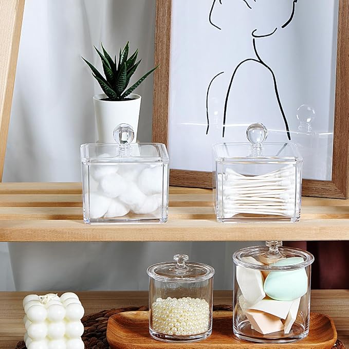 SheeChung Square Acrylic Qtip Holder, 2 Pack Bathroom Canisters with Lids | Apothecary Jars Bathroom Vanity Storage Canister - Shatterproof Organizers for Cotton Swabs, Pads-Modern Minimalist Decor